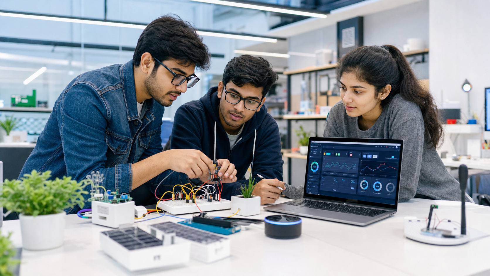 Students working on IoT hardware and sensor dashboard